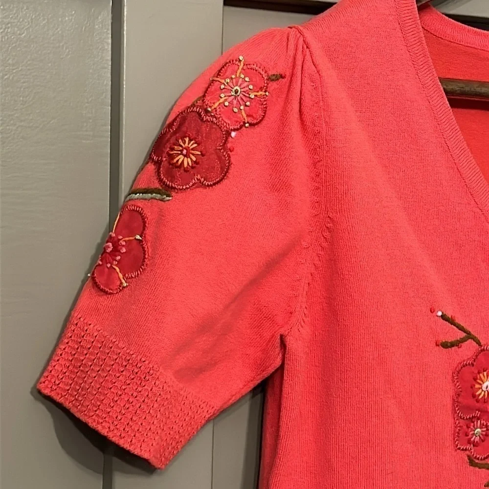 Icelandic Design Embroidered Knit Button Front Cardigan Sweater Short Sleeve Med